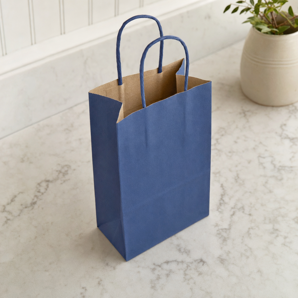 Navy Blue Paper Shopping Bag with Paper Handles, 5 1/2" x 3 1/4" x 8 3/8", 250/Case - lifestyle