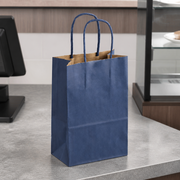 Navy Blue Paper Shopping Bag with Paper Handles, 5 1/2" x 3 1/4" x 8 3/8", 250/Case - lifestyle