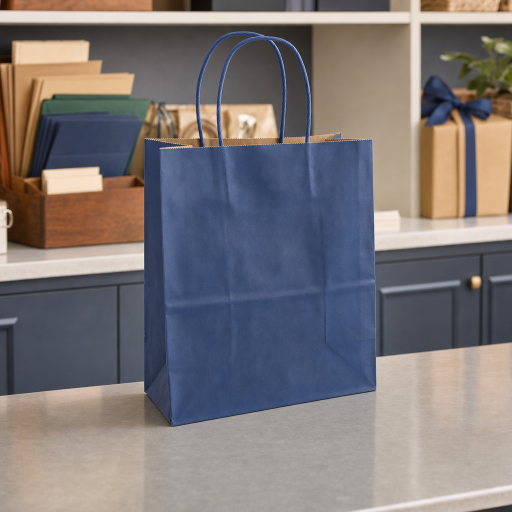 Navy Blue Paper Shopping Bag with Paper Handles, 8" x 4 1/2" x 10 1/4", 60 lb. Basis Weight, 250/Case - lifestyle