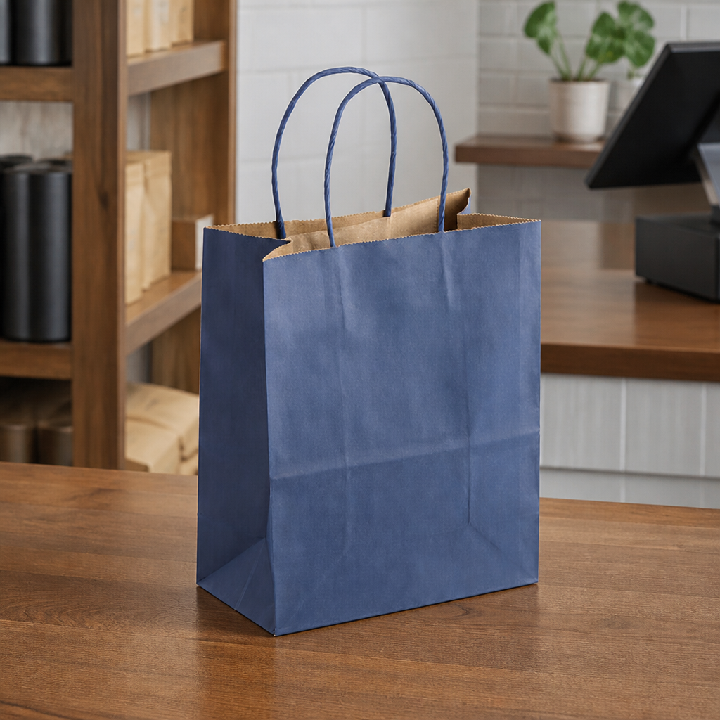 Navy Blue Paper Shopping Bag with Paper Handles, 8" x 4 1/2" x 10 1/4", 60 lb. Basis Weight, 250/Case - lifestyle