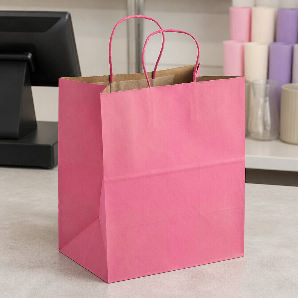 Pink Paper Shopping Bag with Paper Handles, 10" x 6 3/4" x 12", 250/Case - lifestyle