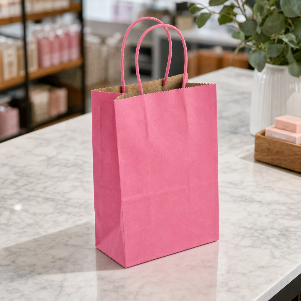 Paper Shopping Bag with Paper Handles, Pink, 5 1/2" x 3 1/4" x 8 3/8", 60 lb., 250/Case - lifestyle