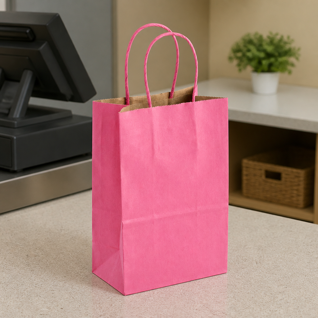 Paper Shopping Bag with Paper Handles, Pink, 5 1/2" x 3 1/4" x 8 3/8", 60 lb., 250/Case - lifestyle