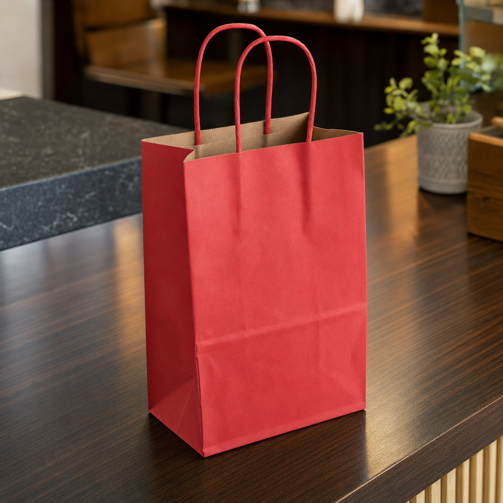 Red Paper Shopping Bag with Paper Handles, 5 1/2" x 3 1/4" x 8 3/8", 250/Case - lifestyle