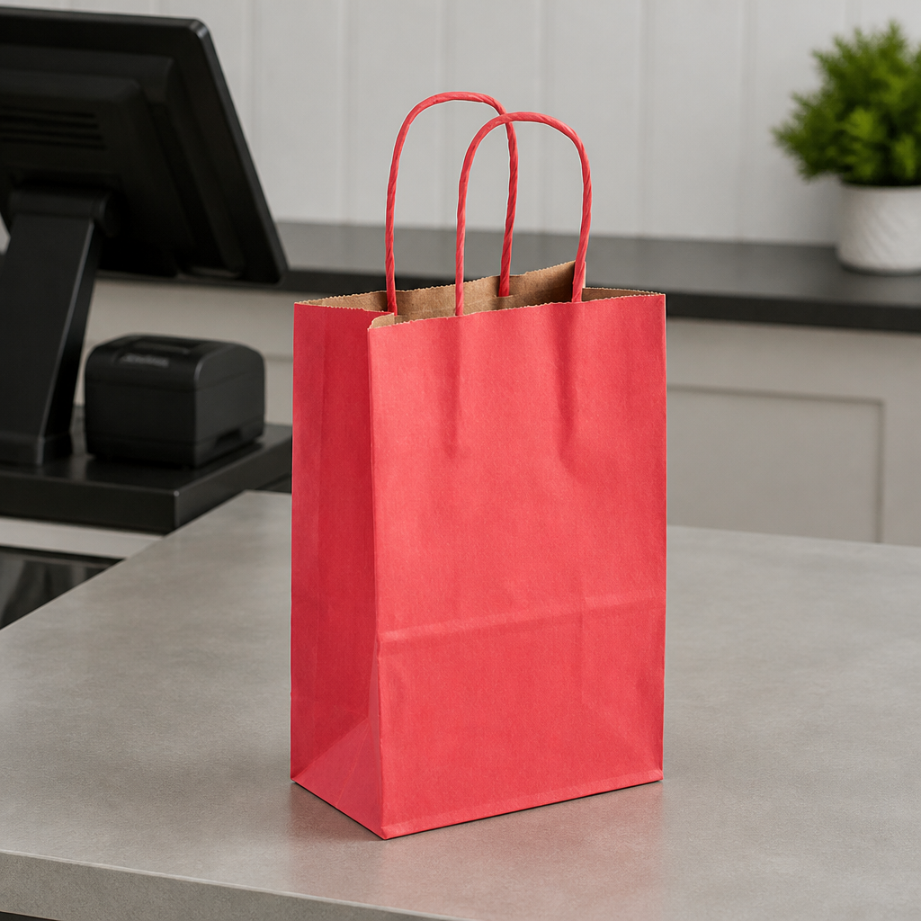 Red Paper Shopping Bag with Paper Handles, 5 1/2" x 3 1/4" x 8 3/8", 250/Case - lifestyle