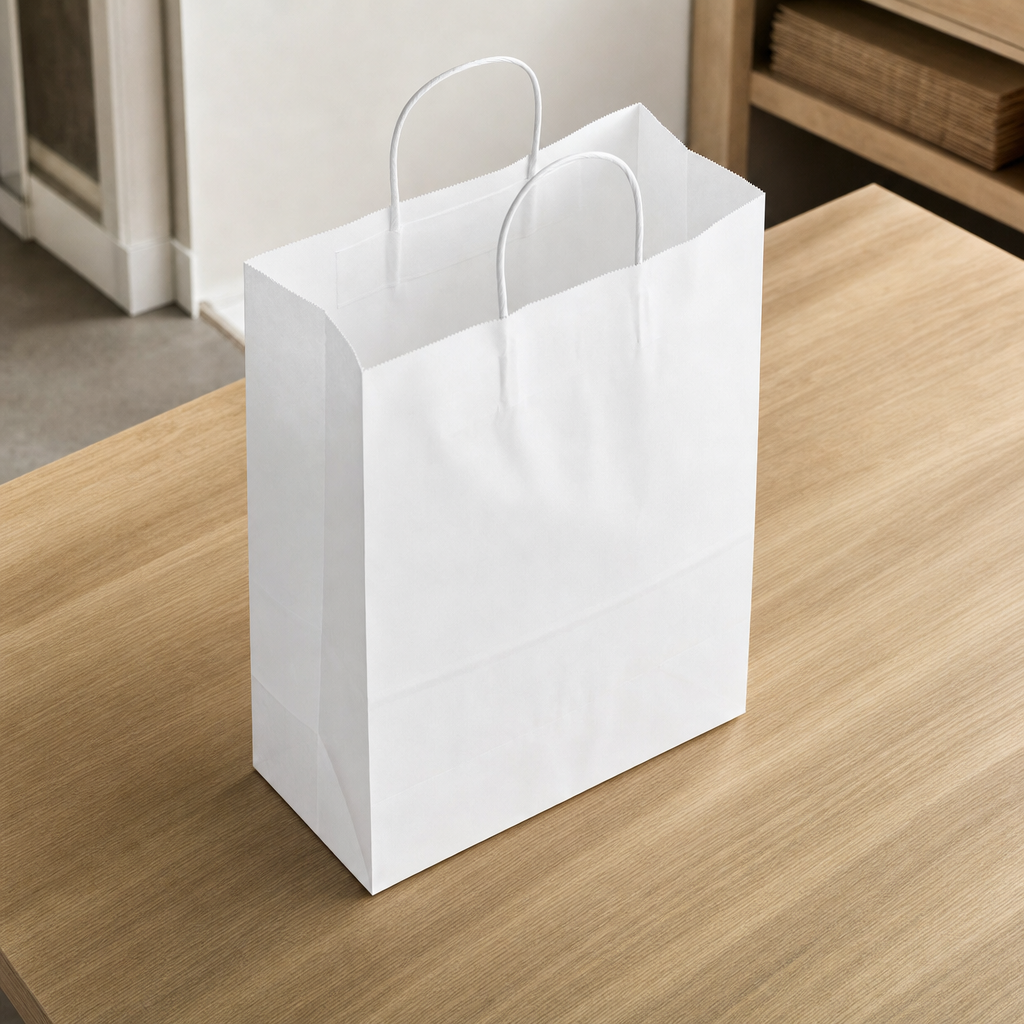 White Paper Shopping Bag with Paper Handles, 10" x 5" x 13", 60 lb., 250/Case - lifestyle