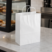 White Paper Shopping Bag with Paper Handles, 10" x 5" x 13", 60 lb., 250/Case - lifestyle