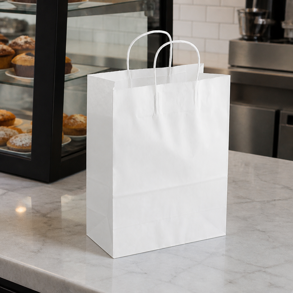 White Paper Shopping Bag with Paper Handles, 10" x 5" x 13", 60 lb., 250/Case - lifestyle