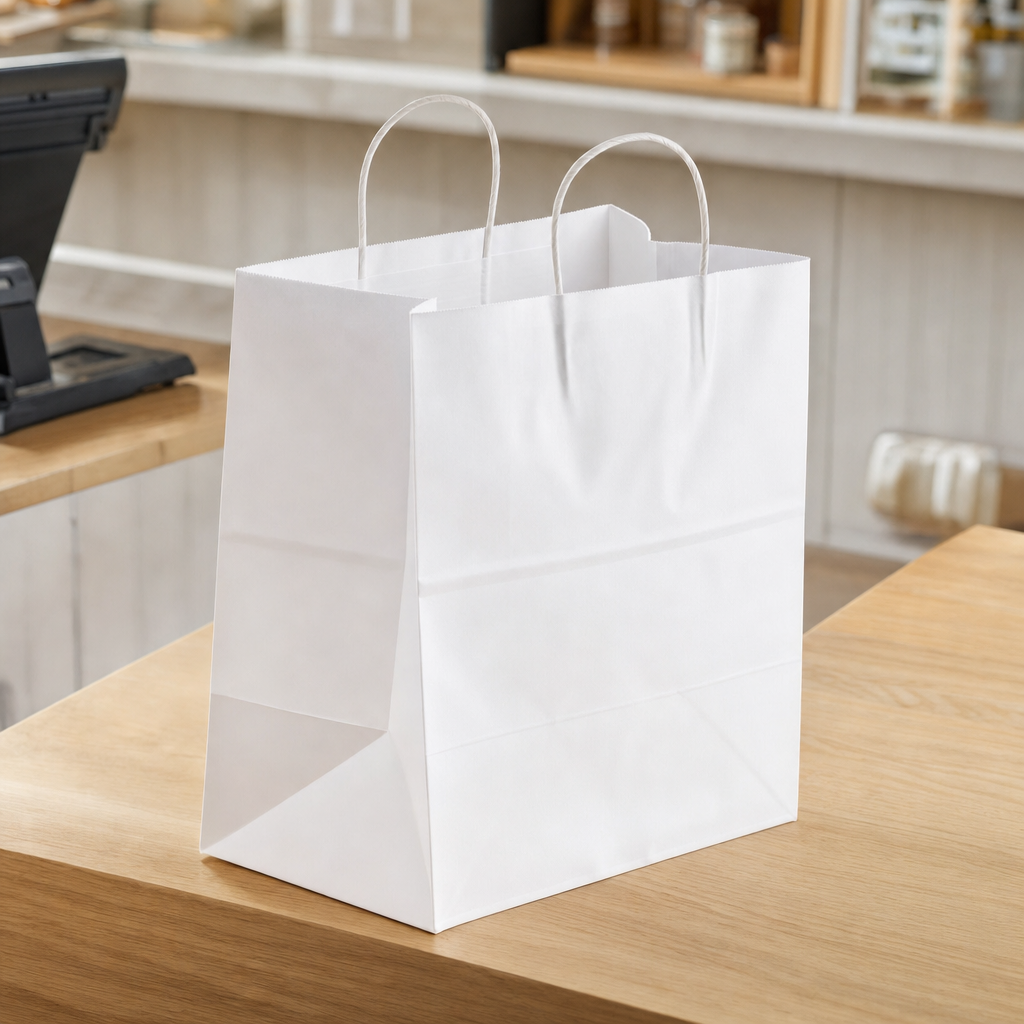 Paper Shopping Bag with Paper Handles, White, 10" x 6 3/4" x 12", 60 lb., 250/Case - lifestyle