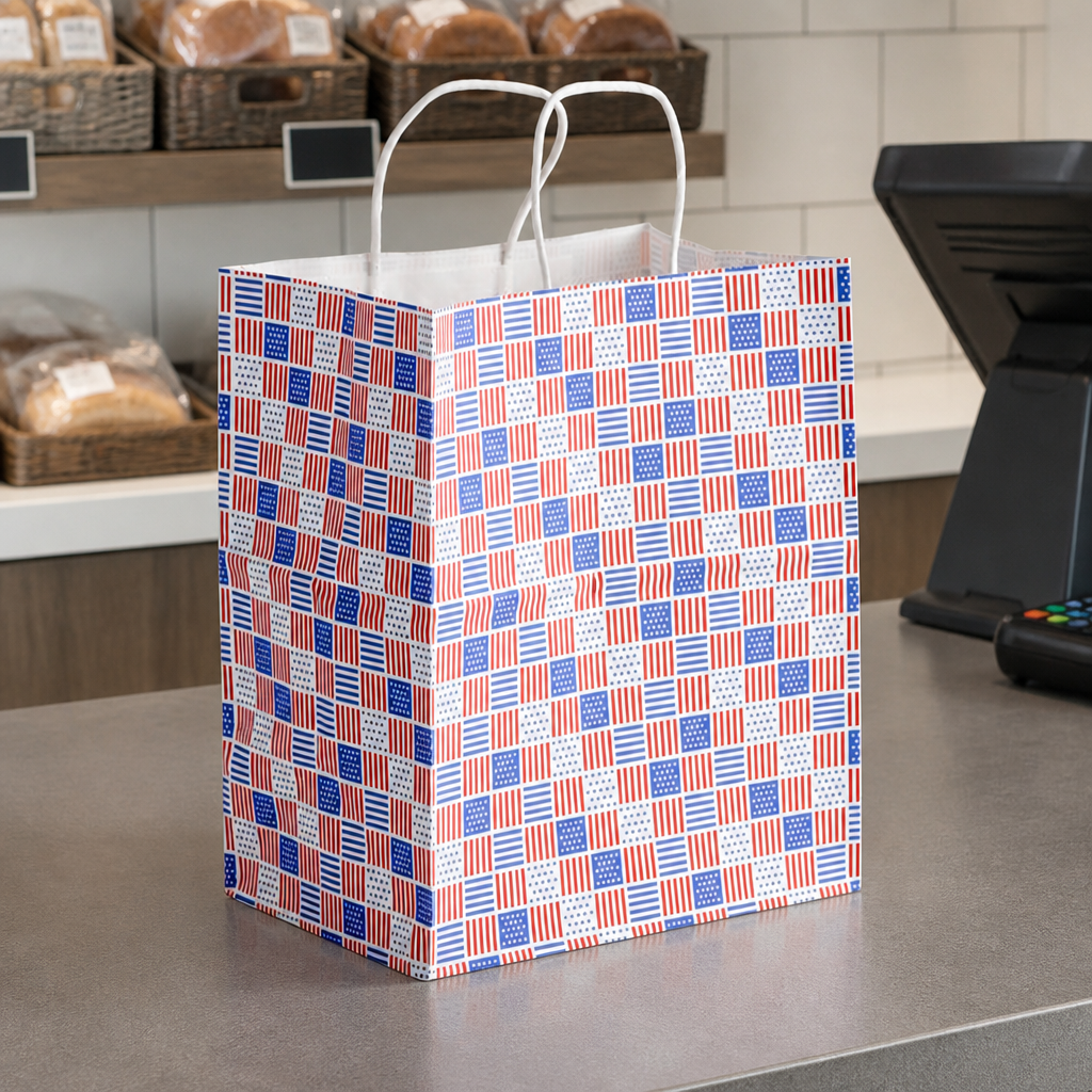 Patriotic Paper Shopping Bag with Paper Handles, 10" x 6 3/4" x 12", 60 lb., 250/Case - lifestyle
