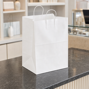 Paper Shopping Bag with Paper Handles, White, 12" x 9" x 15 3/4", 65 lb., 200/Case - lifestyle