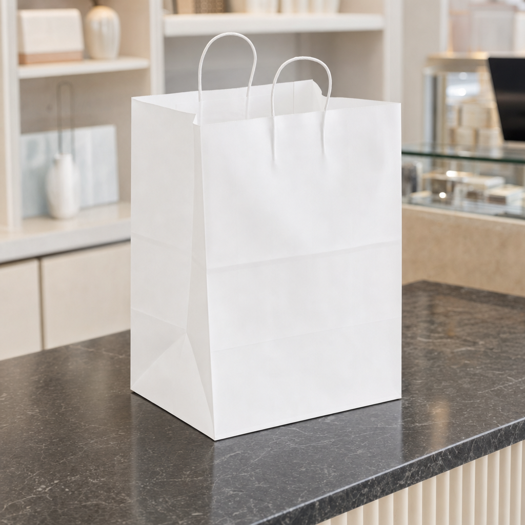 Paper Shopping Bag with Paper Handles, White, 12" x 9" x 15 3/4", 65 lb., 200/Case - lifestyle
