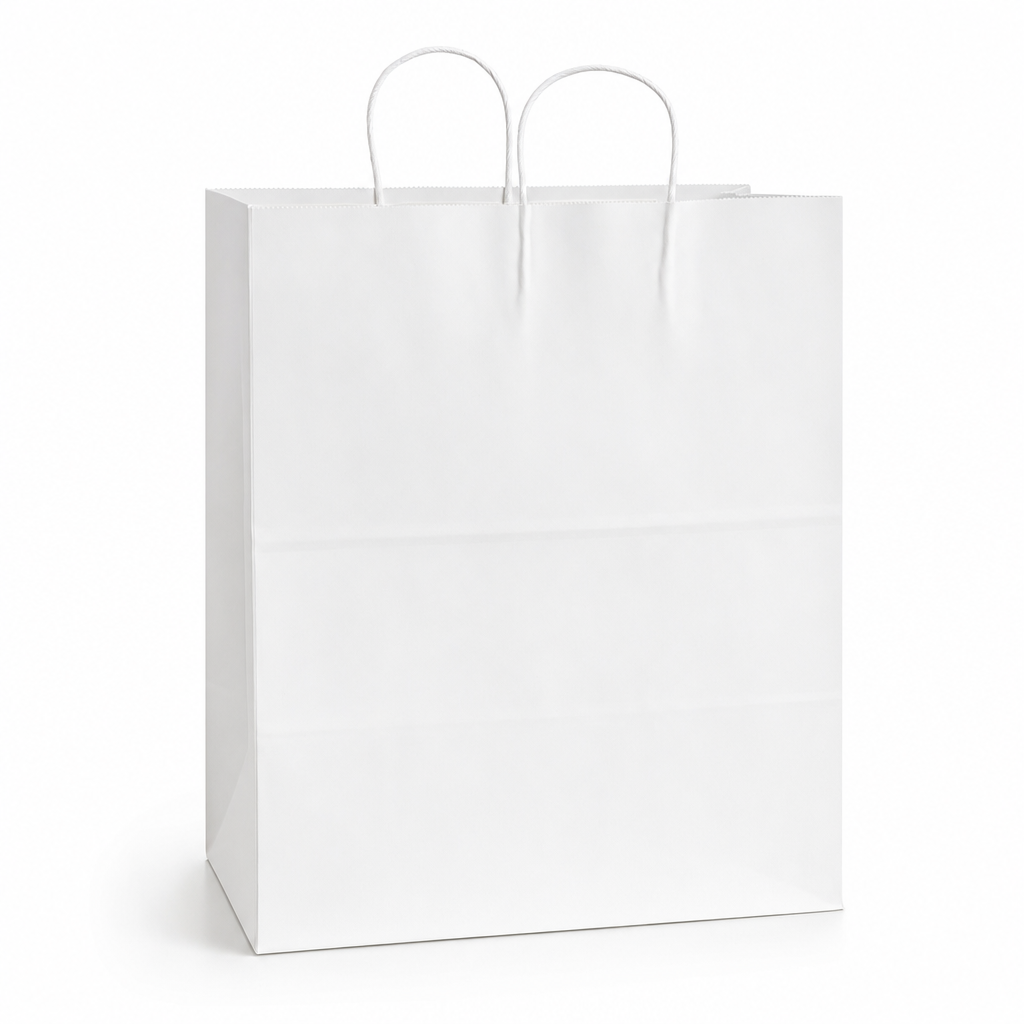 Paper Shopping Bag with Paper Handles, White, 12" x 9" x 15 3/4", 65 lb., 200/Case - main