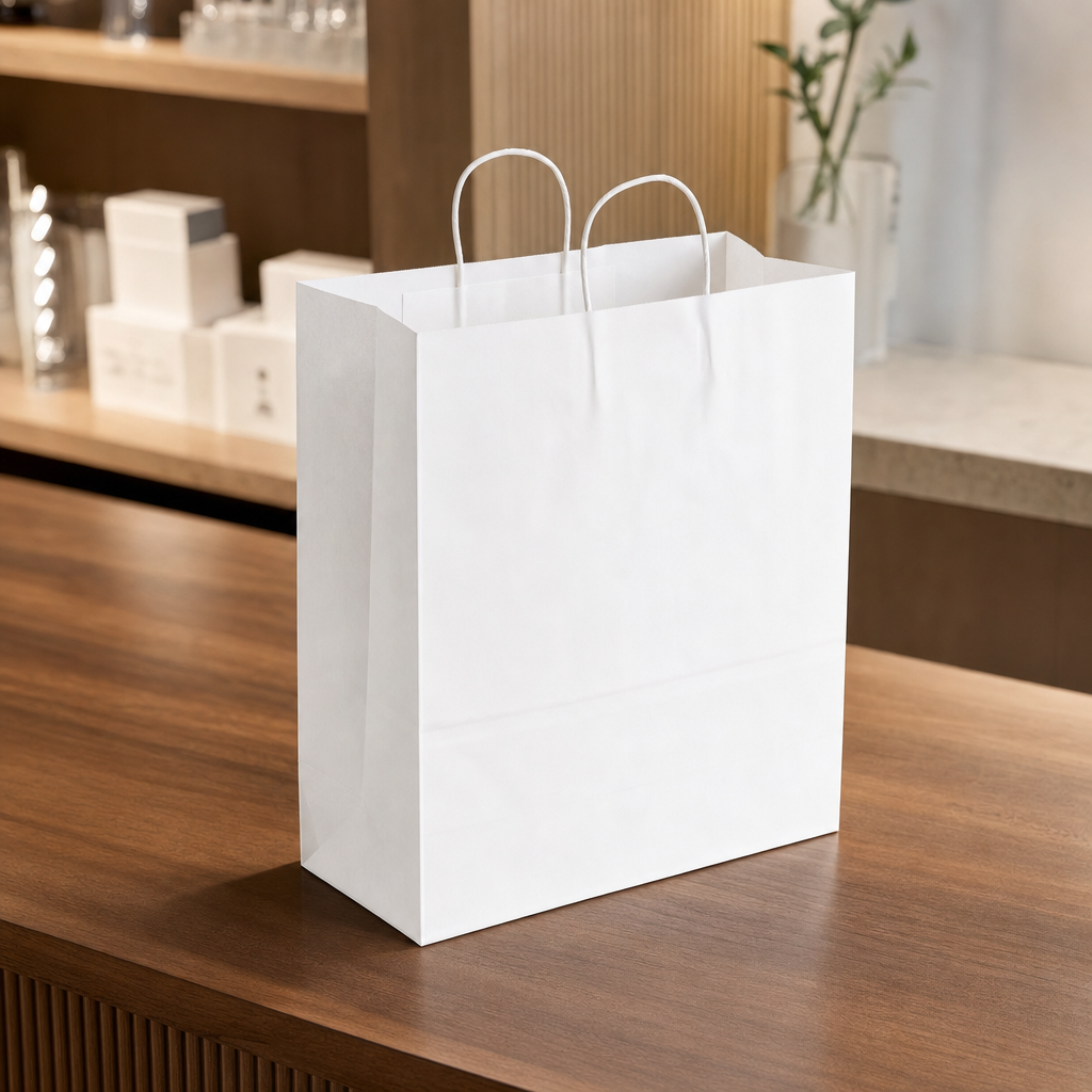 White Paper Shopping Bag with Paper Handles - 13" x 6" x 15 3/4" - 250/Case - lifestyle