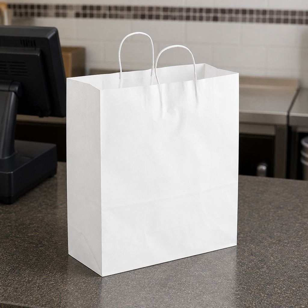 White Paper Shopping Bag with Paper Handles - 13" x 6" x 15 3/4" - 250/Case - lifestyle