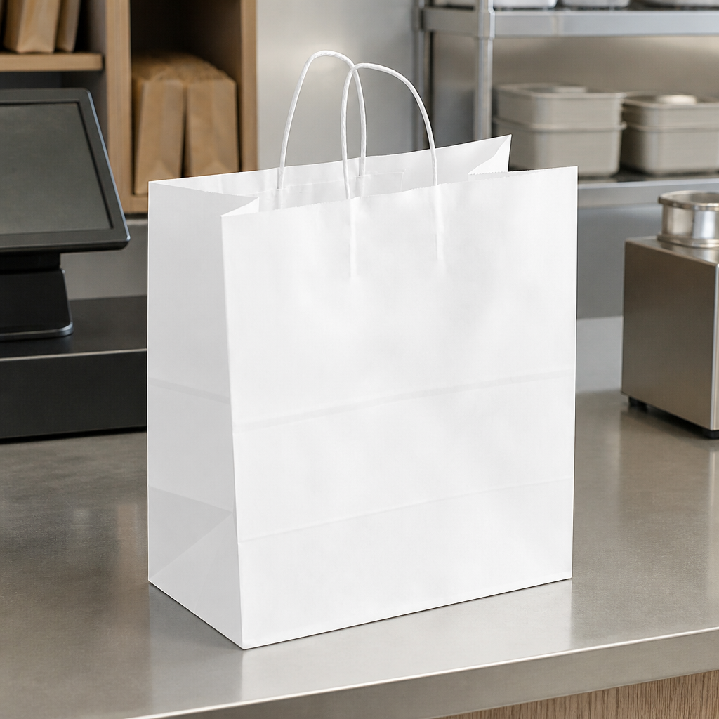 Paper Shopping Bag with Paper Handles, White, 13" x 7" x 13", 65 lb., 250/Case - lifestyle