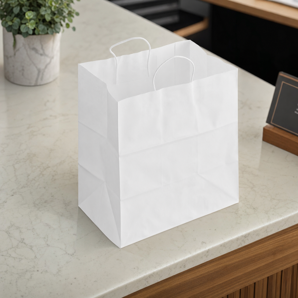 White Paper Shopping Bag with Paper Handles - 14" x 10" x 15 3/4", 70 lb., 200/Case - lifestyle