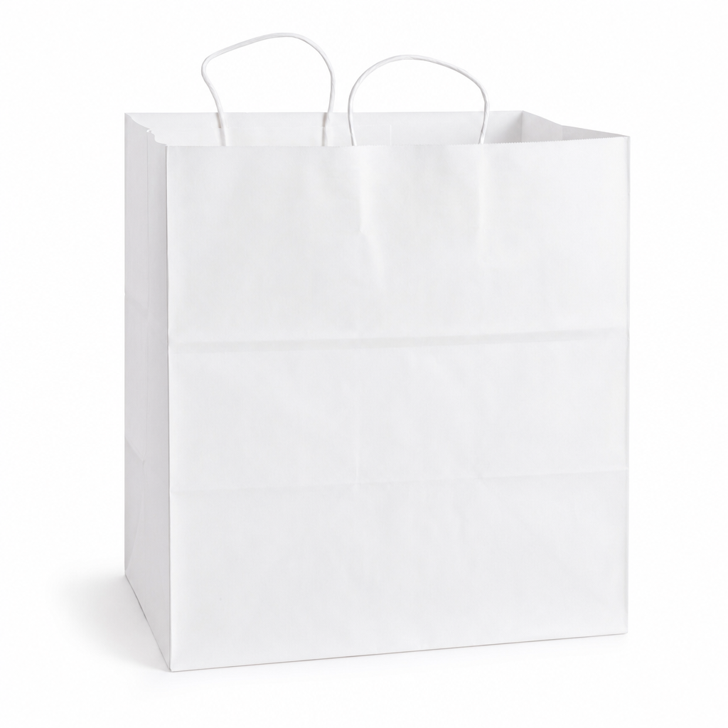 White Paper Shopping Bag with Paper Handles - 14" x 10" x 15 3/4", 70 lb., 200/Case - main