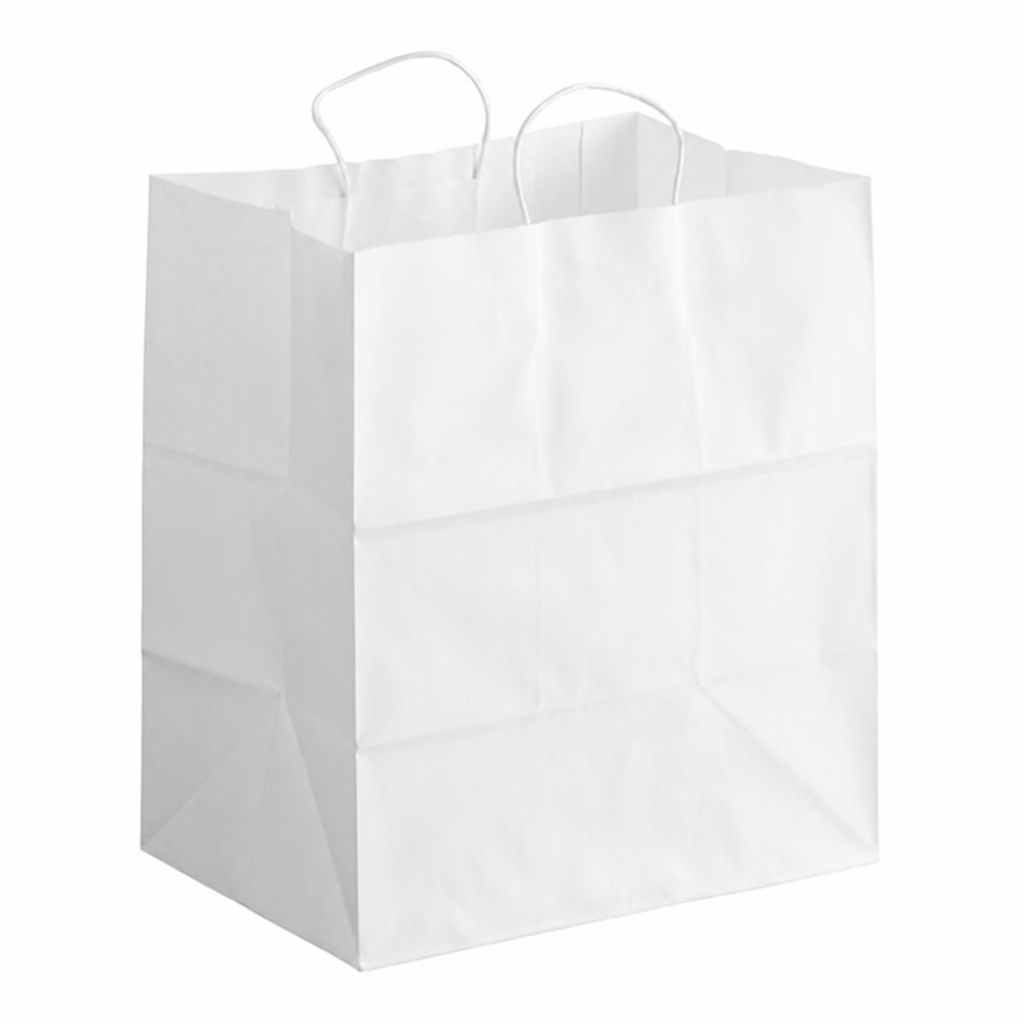White Paper Shopping Bag with Paper Handles - 14" x 10" x 15 3/4", 70 lb., 200/Case - main
