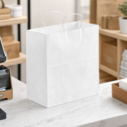 Paper Shopping Bag with Paper Handles, White, 14" x 8" x 14 3/4", 70 lb., 200/Case - lifestyle