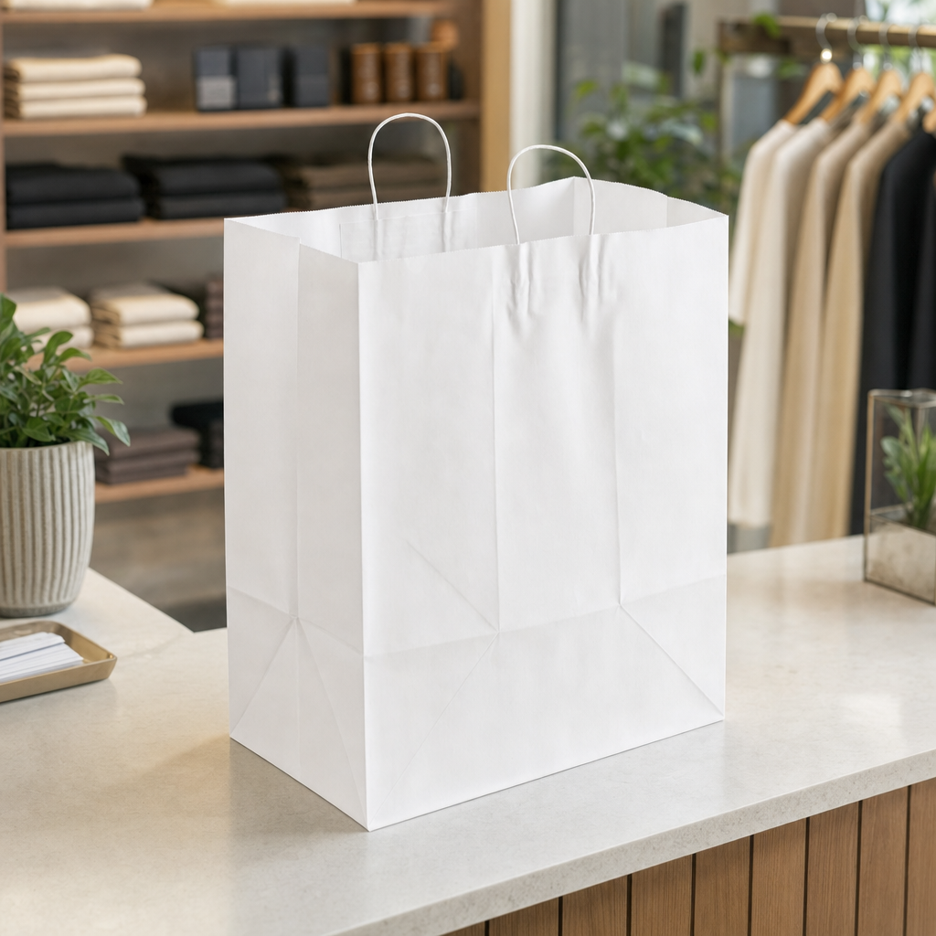 Paper Shopping Bag with Paper Handles, White, 16" x 11" x 18 1/4", 70 lb., 200/Case - lifestyle
