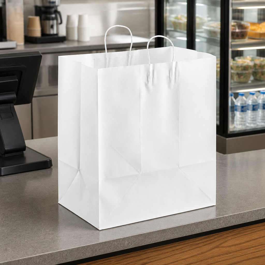Paper Shopping Bag with Paper Handles, White, 16" x 11" x 18 1/4", 70 lb., 200/Case - lifestyle