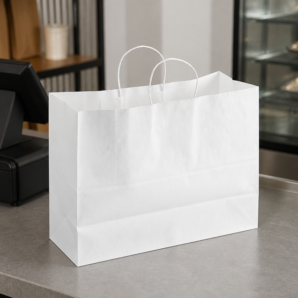 White Paper Shopping Bags with Paper Handles, 16" x 6" x 12", 65 lb., 250/Case - lifestyle