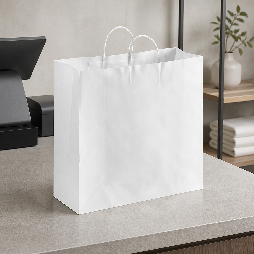 White Paper Shopping Bag with Paper Handles, 16" x 6" x 15 3/4", 65 lb., 200/Case - lifestyle