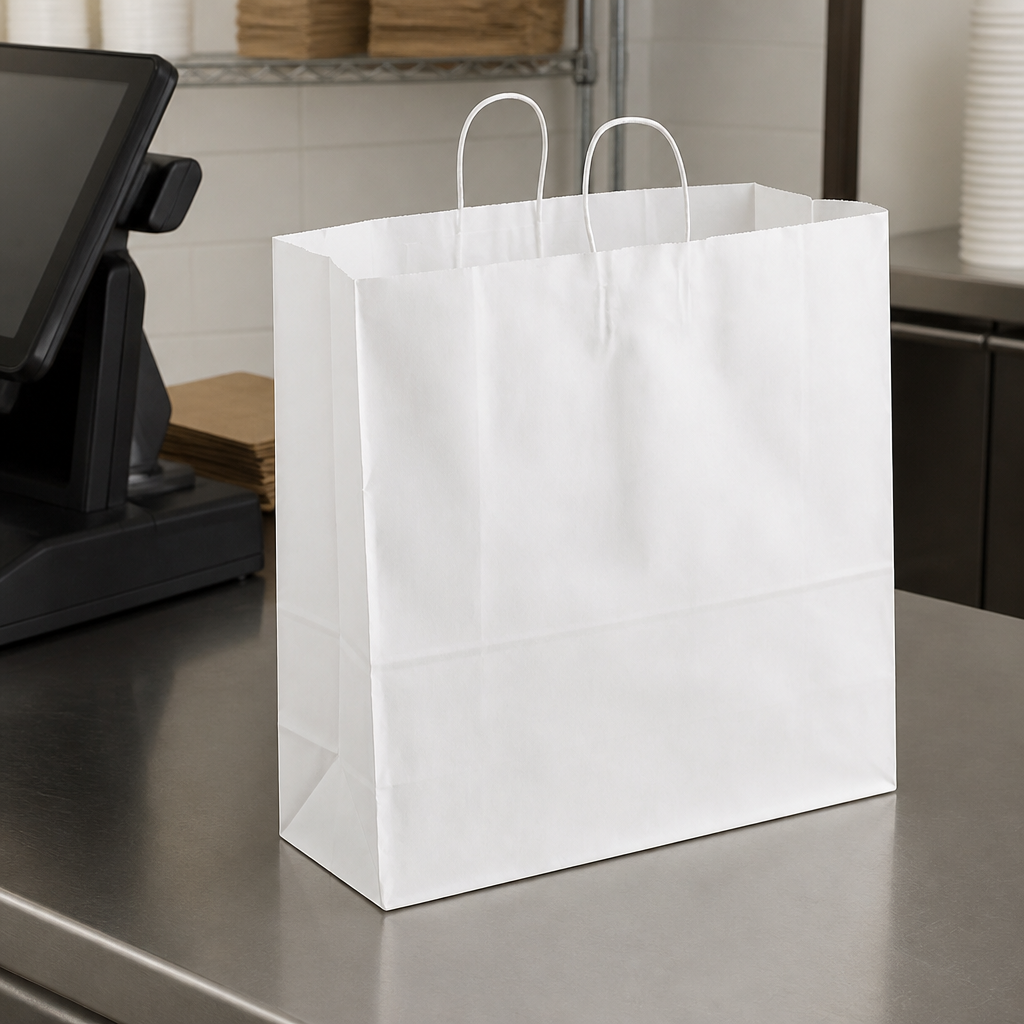 Paper Shopping Bag with Paper Handles, White, 18" x 7" x 18 3/4", 70 lb., 200/Case - lifestyle