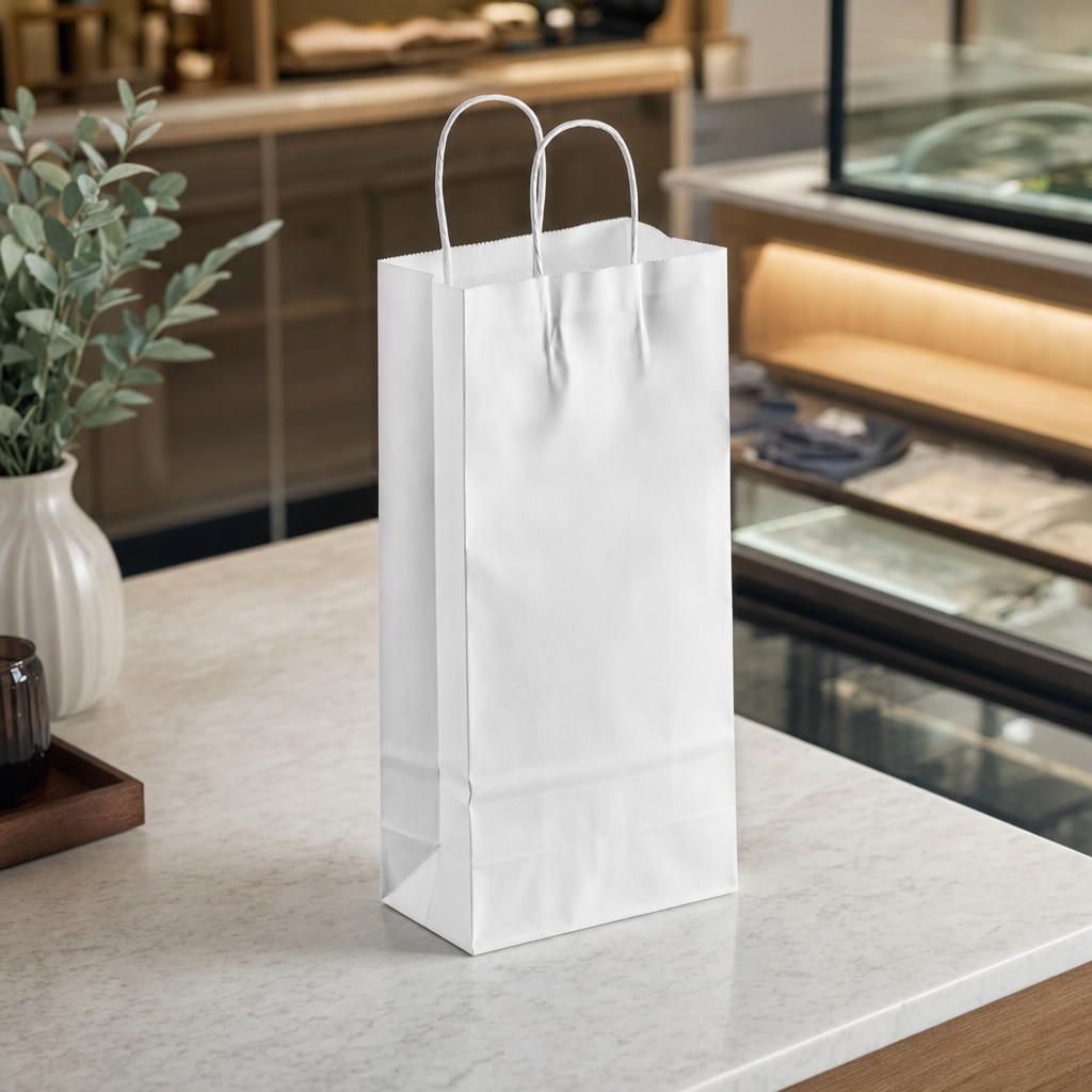 White Paper Shopping Bag with Paper Handles, 5 1/2" x 3 1/4" x 13 1/8", 250/Case - lifestyle