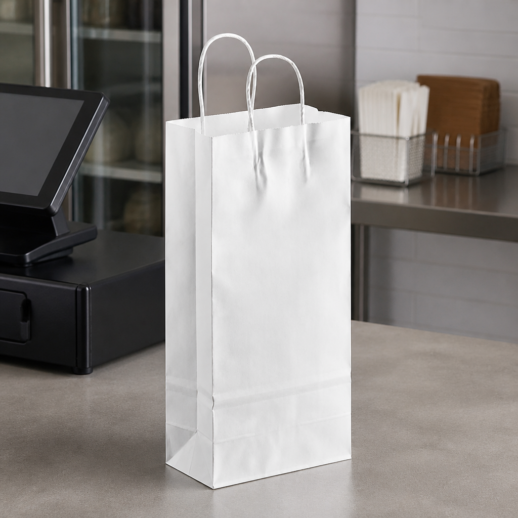 White Paper Shopping Bag with Paper Handles, 5 1/2" x 3 1/4" x 13 1/8", 250/Case - lifestyle
