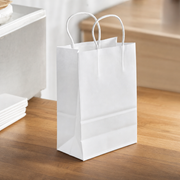 White Paper Shopping Bag with Paper Handles, 5 1/2" x 3 1/4" x 8 3/8", 60 lb., 250/Case - lifestyle