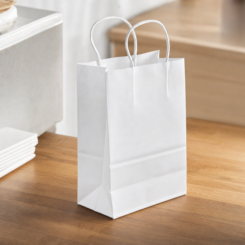 White Paper Shopping Bag with Paper Handles, 5 1/2" x 3 1/4" x 8 3/8", 60 lb., 250/Case - lifestyle