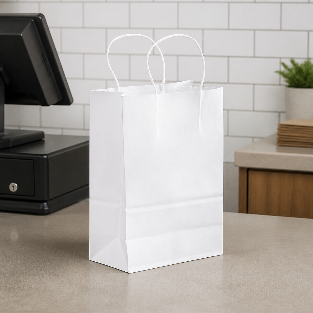 White Paper Shopping Bag with Paper Handles, 5 1/2" x 3 1/4" x 8 3/8", 60 lb., 250/Case - lifestyle