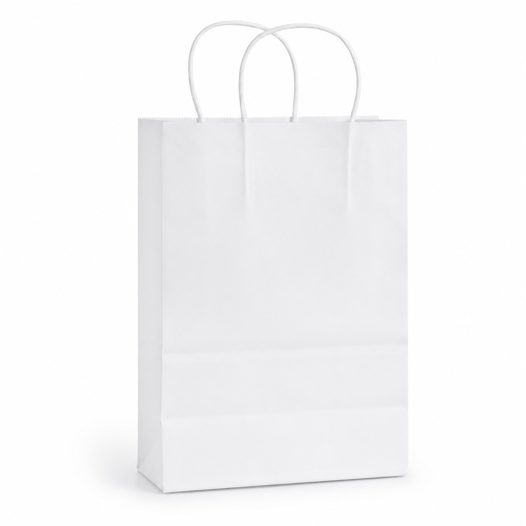 White Paper Shopping Bag with Paper Handles, 5 1/2" x 3 1/4" x 8 3/8", 60 lb., 250/Case - main