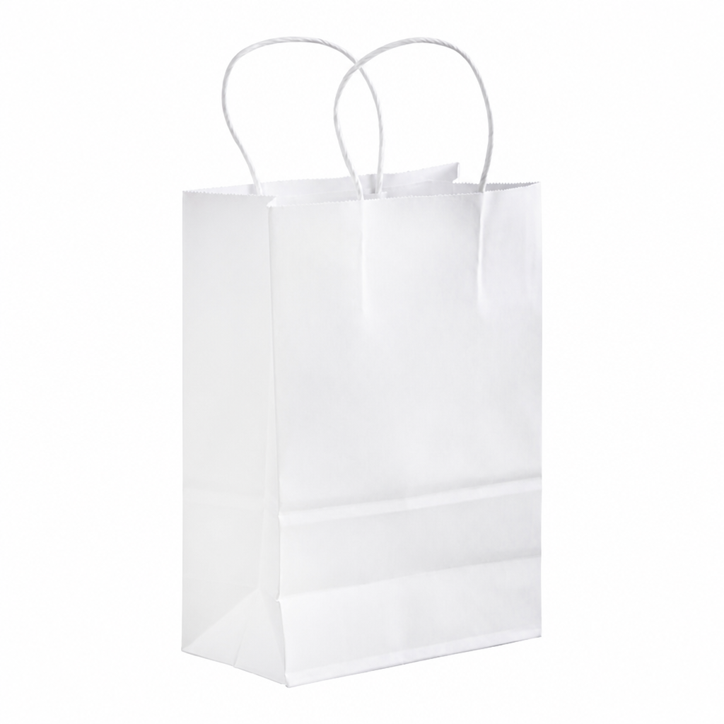 White Paper Shopping Bag with Paper Handles, 5 1/2" x 3 1/4" x 8 3/8", 60 lb., 250/Case - main