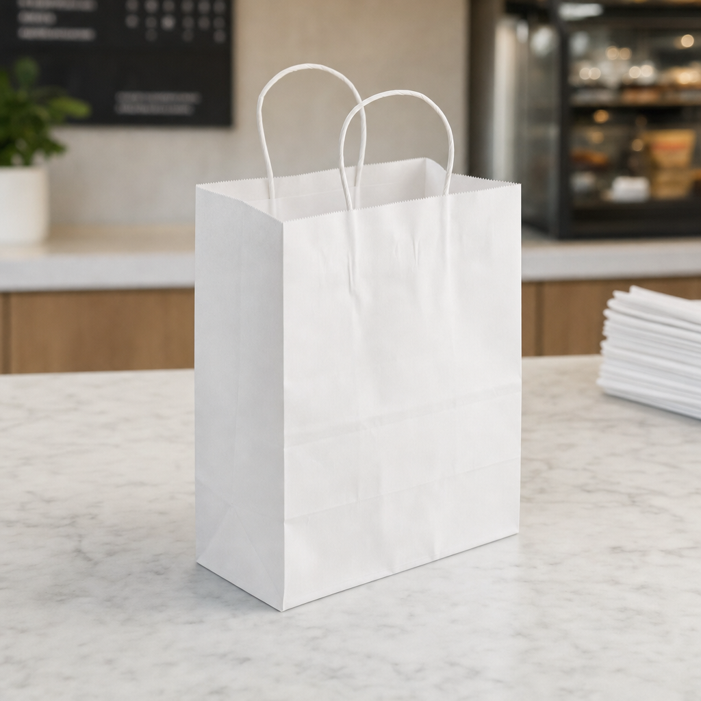 White Paper Shopping Bag with Paper Handles, 8" x 4 1/2" x 10 1/4", 60 lb., 250/Case - lifestyle