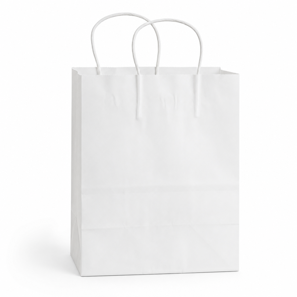 White Paper Shopping Bag with Paper Handles, 8" x 4 1/2" x 10 1/4", 60 lb., 250/Case - main