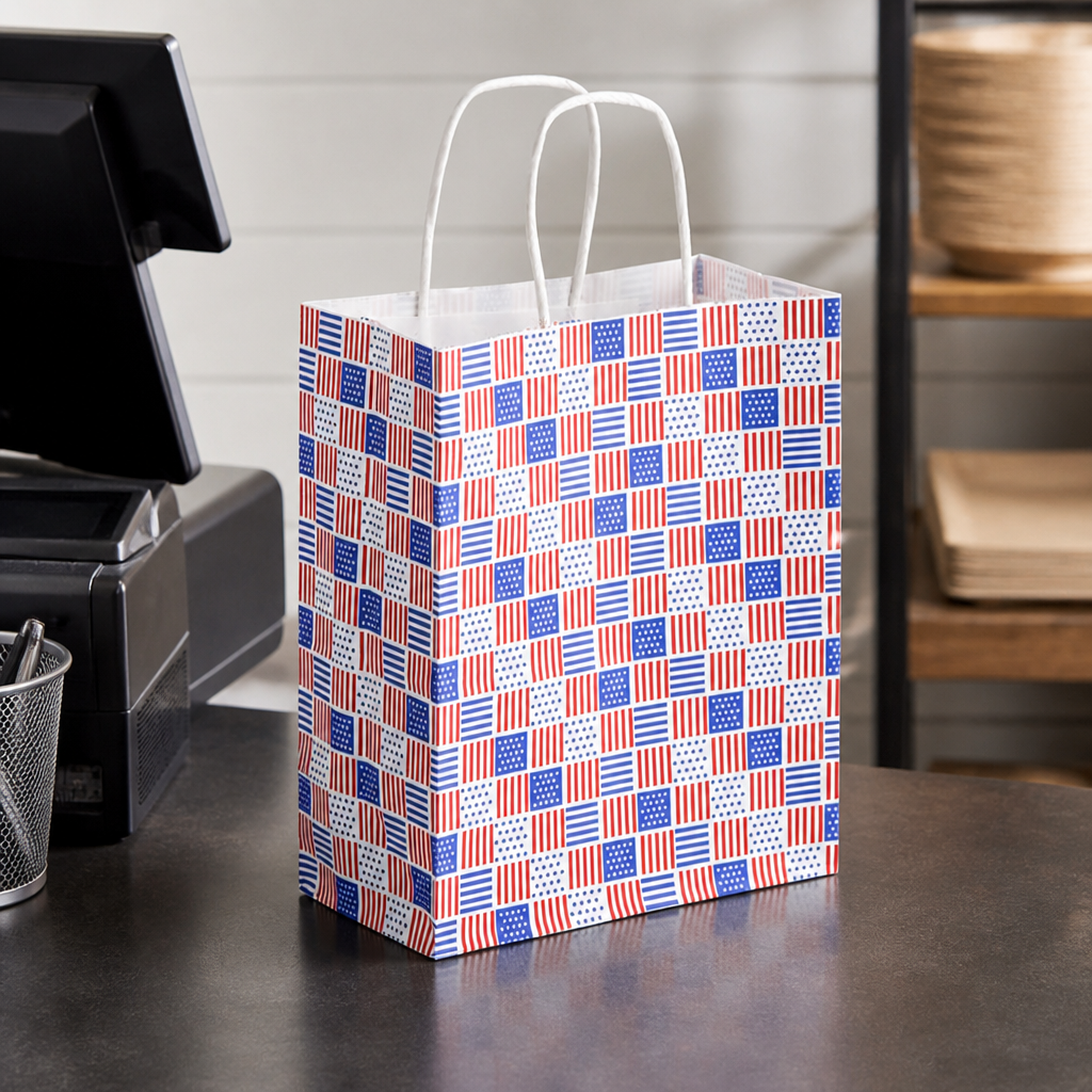 Patriotic Paper Shopping Bag with Paper Handles, 8" x 4 1/2" x 10 1/4", 60 lb., 250/Case - lifestyle