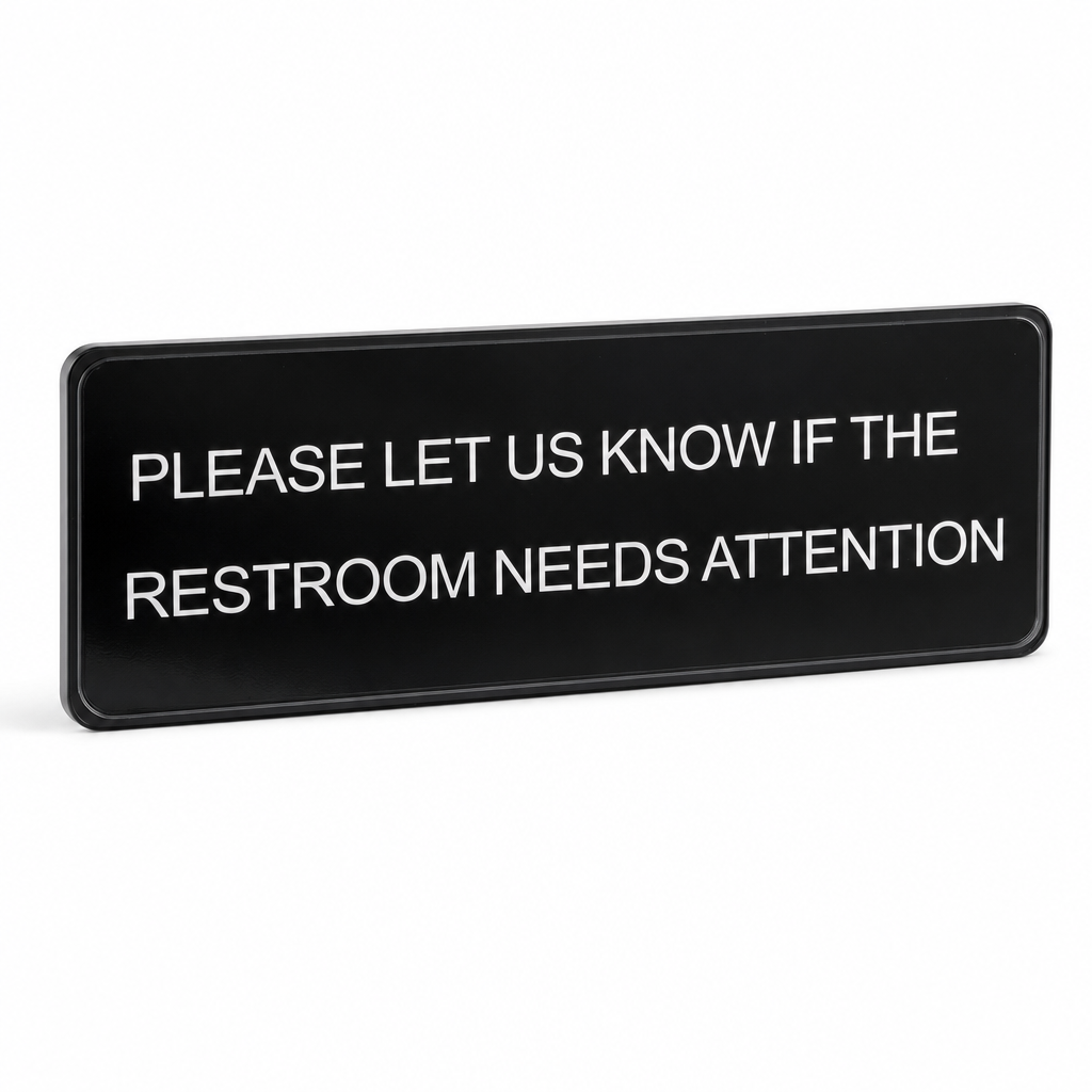 Lavex Please Let Us Know If The Restroom Needs Attention Sign - Black and White, 9" x 3" - main