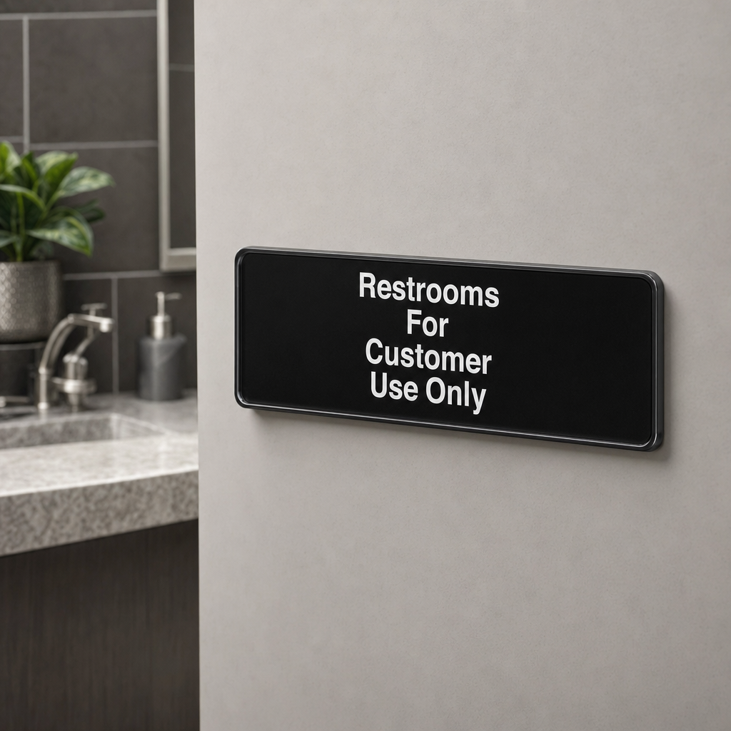 Lavex Restrooms For Customer Use Only Sign - Black and White, 9" x 3" - lifestyle