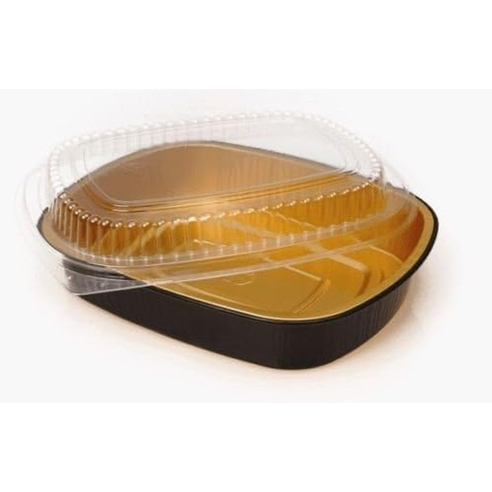 Handi-Foil 3 lb. Oblong Black & Gold Aluminum Take-Out Pan w/Clear Dome Lid (Pack of 50) – Food Storage Container