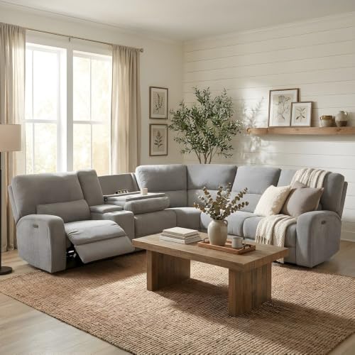 Furnifact Fabric-Upholstered Power Reclining Sectional with Power Headrest, USB Charging Ports, Drop-Down Table, Sofa for Living Room - image 3