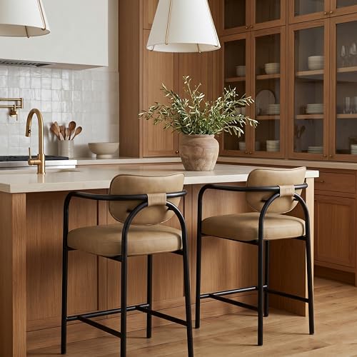 Meridian Furniture 77067Tan-C Serava Collection Modern | Contemporary Counter Stool with Soft Vegan Leather, Matte Iron Frame, Tan - image 2