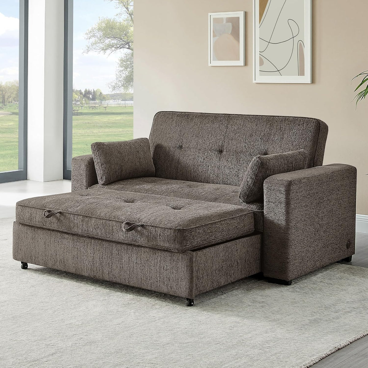 Lilola Home Arnold 75” Convertible Sofa Sleeper Bed with Memory Foam Seating, USB A & C Charging Ports, Chenille Upholstery, Pull-Out Couch Bed with Adjustable Backrest & Throw Pillows, Ash Brown