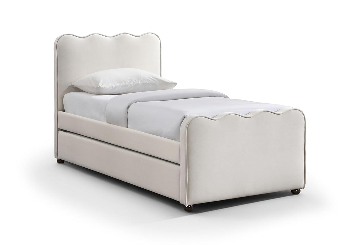 Meridian Furniture GatsbyCream-T Collection Modern | Contemporary Twin Trundle Bed with Soft Mohair Velvet, Wood Legs, 40" W x 84" D x 45.75" H, Cream