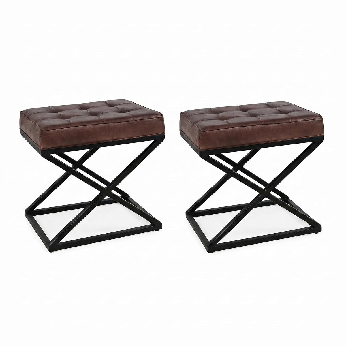 Jofran Global Archive Mid-Century Modern Genuine Leather Ottoman Pre-Assembled, 20''W x 14''D x 18.5''H, Dark Sienna,Set of 2