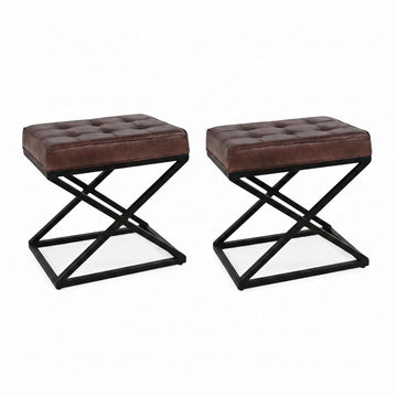 Jofran Global Archive Mid-Century Modern Genuine Leather Ottoman Pre-Assembled, 20''W x 14''D x 18.5''H, Dark Sienna,Set of 2