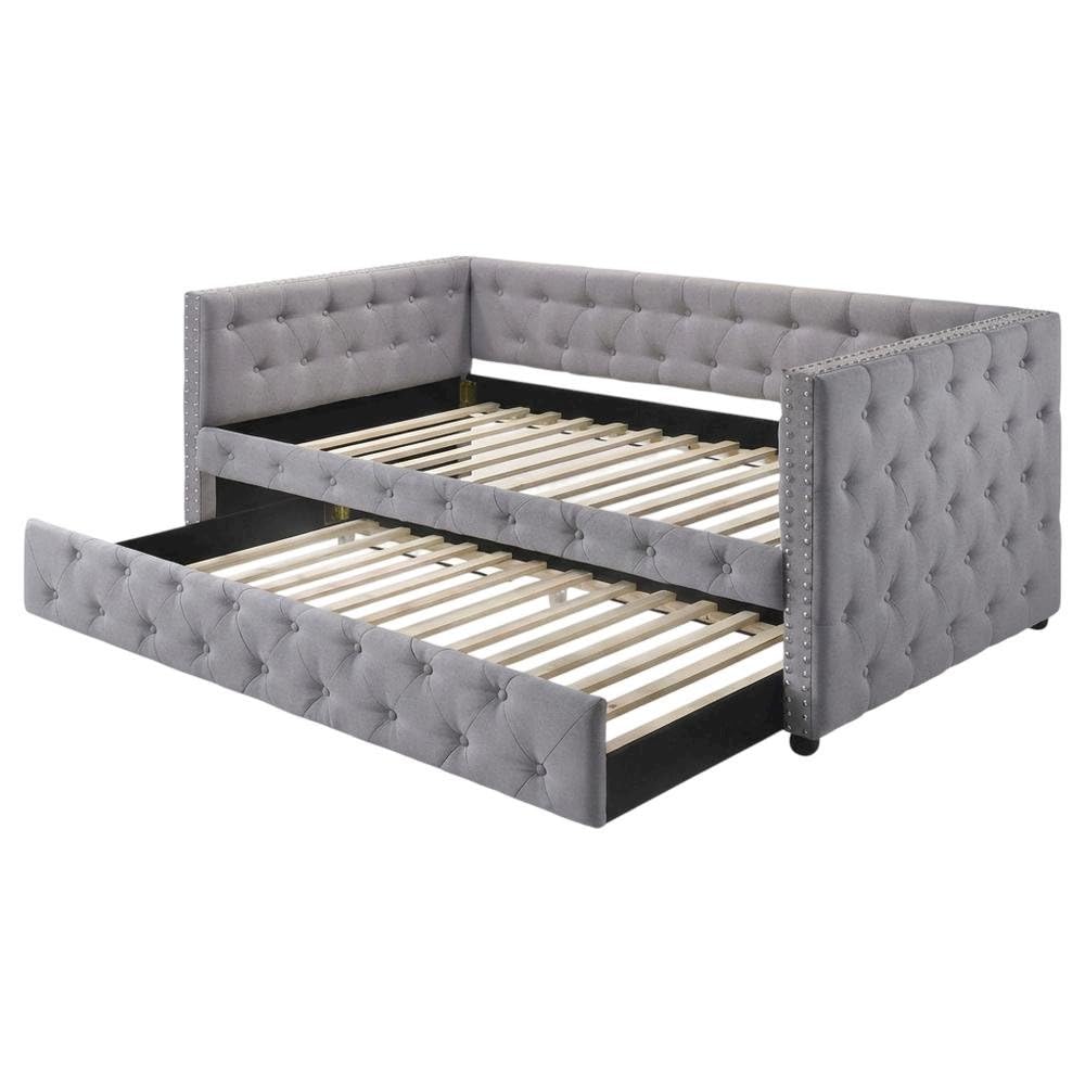 Furnifact Gray Upholstered Twin Daybed with Trundle, Modern Classic Design