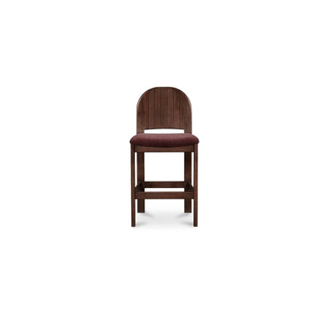 Emil Counter Stool, Carved Arch Back, Solid Rubber Wood, Tapered Legs, Polyester Upholstery, Berry